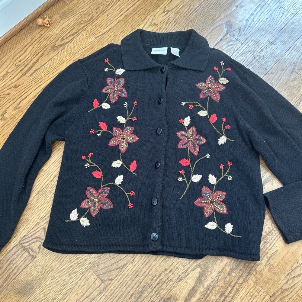 Vintage Fall Leaves Cardigan Sweater Autumn Colors Embroidered L Crystal Kobe